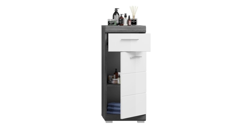 Lage opbergkast SCOTT – 1 deur en 1 lade – Donkergrijs en wit – 37x88x31 cm 