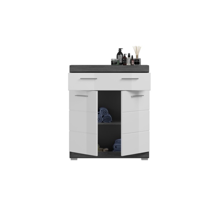 Meuble de rangement bas SCOTT – 2 portes et 1 tiroir – Gris foncé et blanc – 74x88x31 cm 