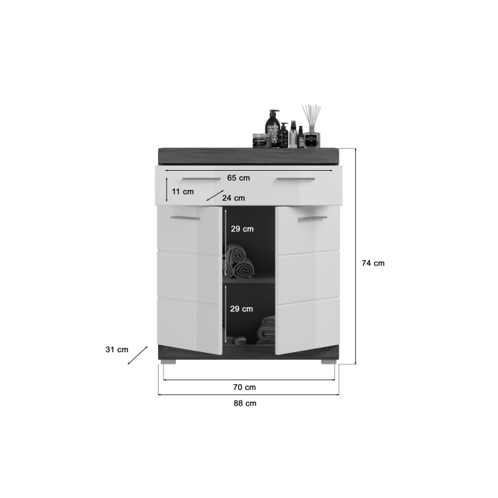 Meuble de rangement bas SCOTT – 2 portes et 1 tiroir – Gris foncé et blanc – 74x88x31 cm 