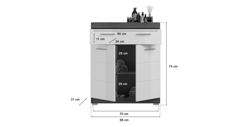 Meuble de rangement bas SCOTT – 2 portes et 1 tiroir – Gris foncé et blanc – 74x88x31 cm 