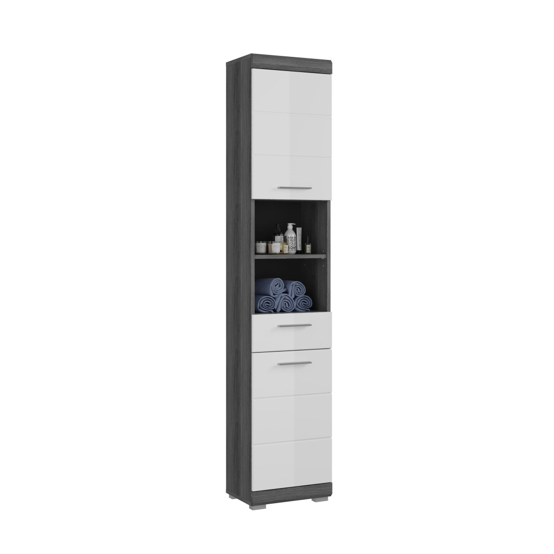 Colonne de salle de bain SCOTT – 2 portes et 1 tiroir – Gris foncé et blanc – 37x191x31 cm 