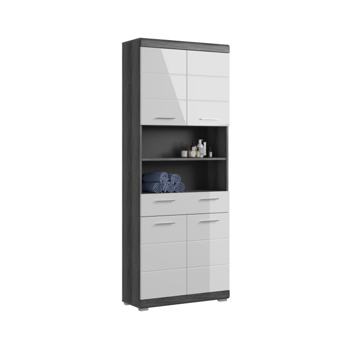 Colonna da bagno SCOTT – 4 porte e 1 cassetto – Grigio scuro e bianco – 74x191x31 cm 