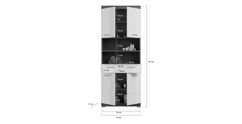 Colonne de salle de bain SCOTT – 4 portes et 1 tiroir – Gris foncé et blanc – 74x191x31 cm 