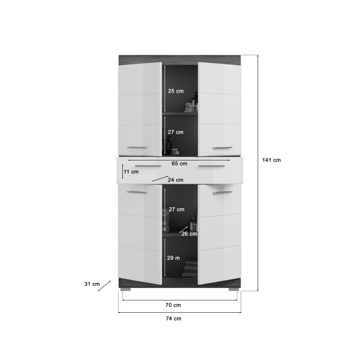 Mueble de almacenamiento SCOTT – 4 puertas y 1 cajón – Gris oscuro y blanco – 74x141x31 cm 
