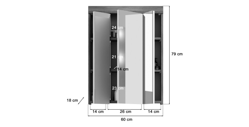 Hoge opbergkast SCOTT - 3 deuren met spiegel en LED - Donkergrijs en wit - 60x79x37 cm 
