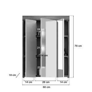 Hoge opbergkast SCOTT - 3 deuren met spiegel en LED - Donkergrijs en wit - 60x79x37 cm 