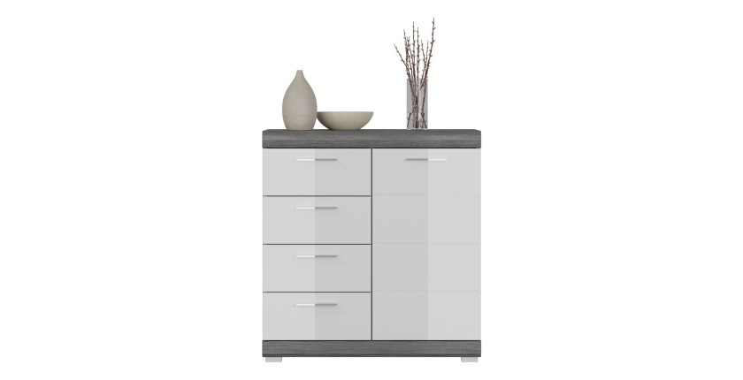 Buffet SCOTT – 4 tiroirs et 1 porte – Gris foncé et blanc – 80x85x37 cm 