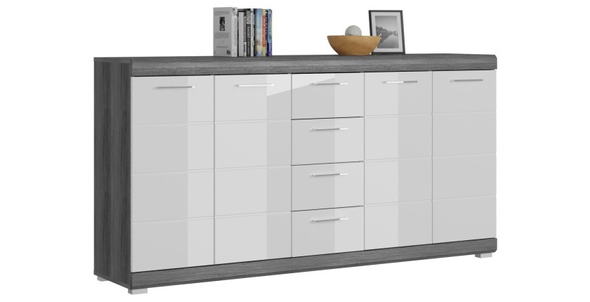 Credenza SCOTT – 4 porte e 4 cassetti – Grigio scuro e bianco – 165x85x37 cm 
