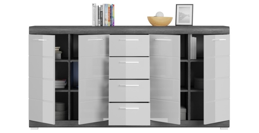 Credenza SCOTT – 4 porte e 4 cassetti – Grigio scuro e bianco – 165x85x37 cm 