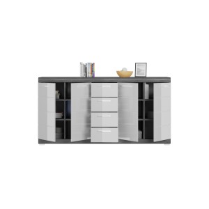 Credenza SCOTT – 4 porte e 4 cassetti – Grigio scuro e bianco – 165x85x37 cm 