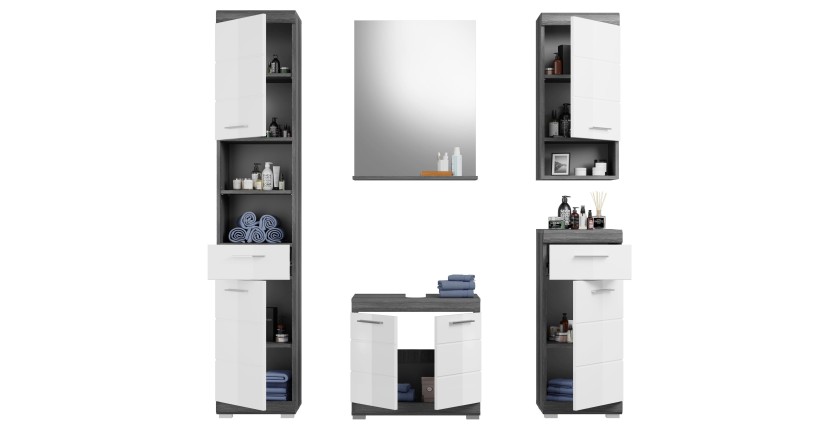 Ensemble salle de bain SCOTT – Meuble sous vasque, miroir, colonne et 2 demi-colonnes – Gris foncé et blanc 