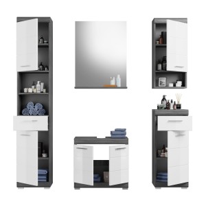 Ensemble salle de bain SCOTT – Meuble sous vasque, miroir, colonne et 2 demi-colonnes – Gris foncé et blanc 