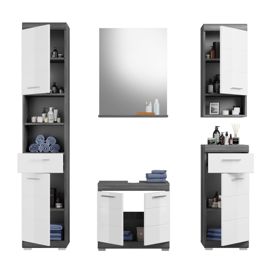 Ensemble salle de bain SCOTT – Meuble sous vasque, miroir, colonne et 2 demi-colonnes – Gris foncé et blanc 