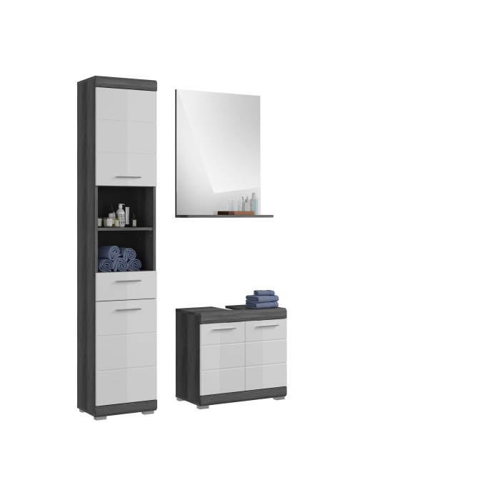 Set bagno SCOTT - Mobile sotto lavabo, specchio e colonna - Grigio scuro e bianco 