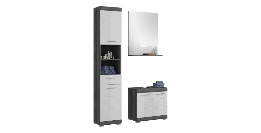 Ensemble salle de bain SCOTT – Meuble sous vasque, miroir et colonne – Gris foncé et blanc 