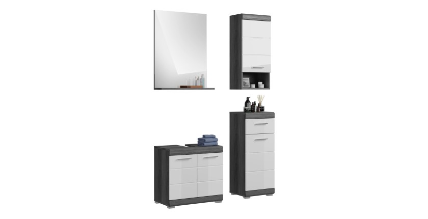 Set bagno SCOTT - Mobile sottolavabo, specchio e 2 mezze colonne - Grigio scuro e bianco 