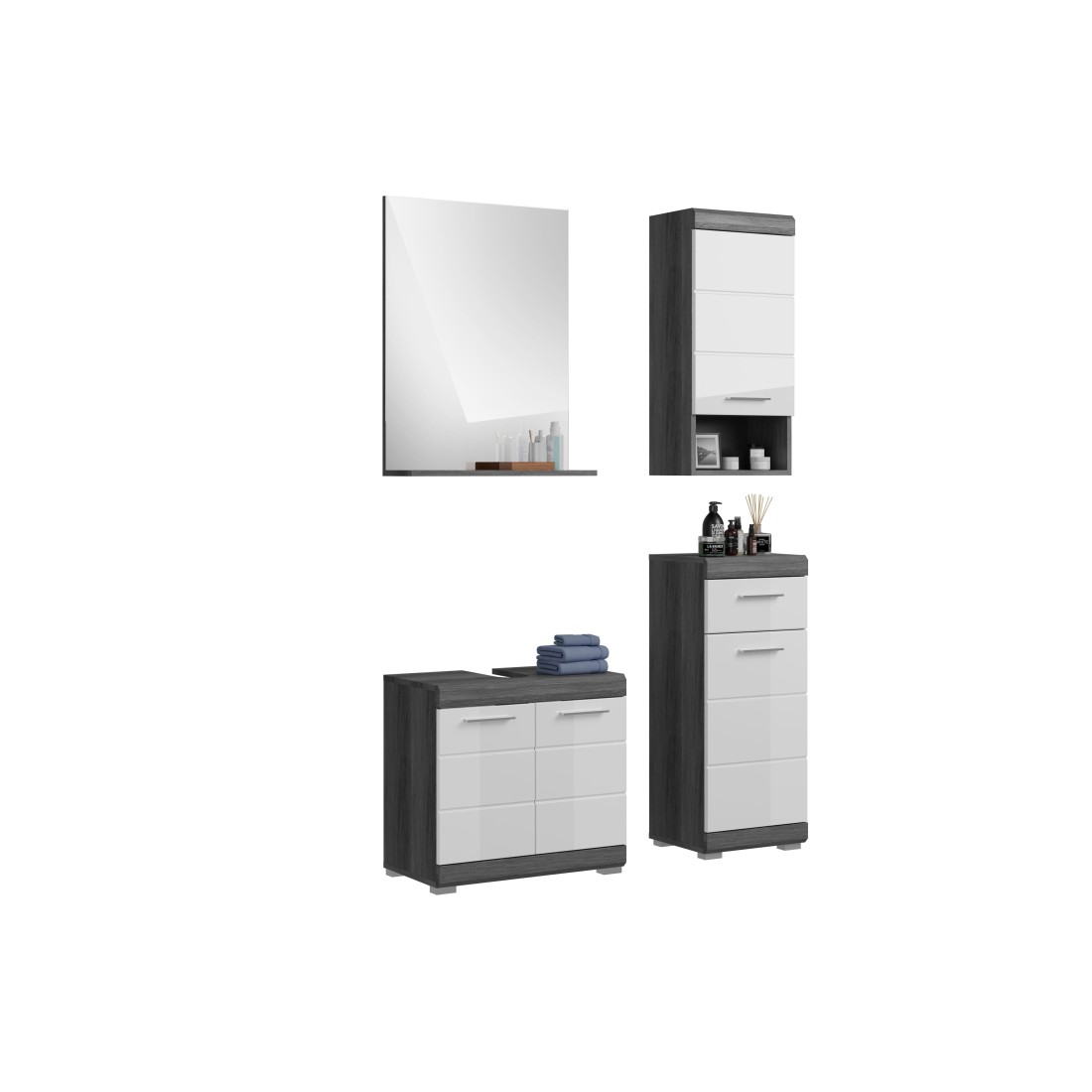 Set bagno SCOTT - Mobile sottolavabo, specchio e 2 mezze colonne - Grigio scuro e bianco 