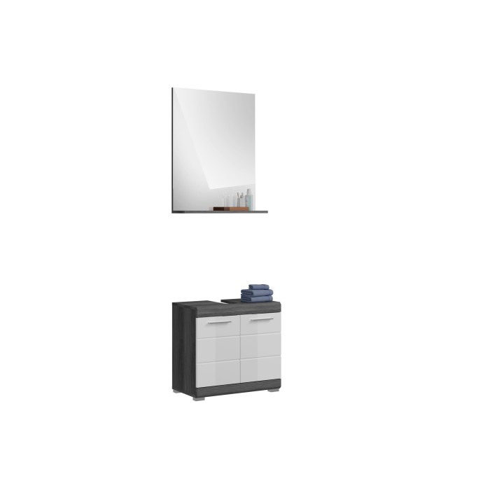 Set bagno SCOTT – Mobile sottolavabo e specchio – Grigio scuro e bianco 