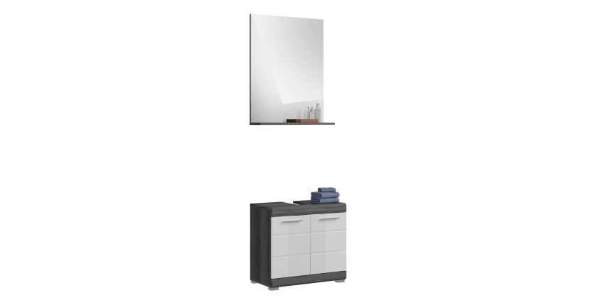 Ensemble salle de bain SCOTT – Meuble sous vasque et miroir – Gris foncé et blanc 