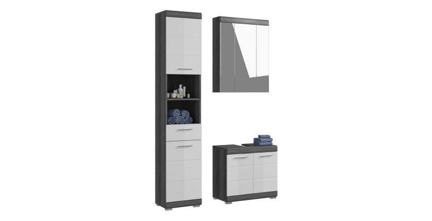 Set bagno SCOTT – Mobile sotto lavabo, mobiletto di stoccaggio con specchio e colonna – Grigio scuro e bianco 