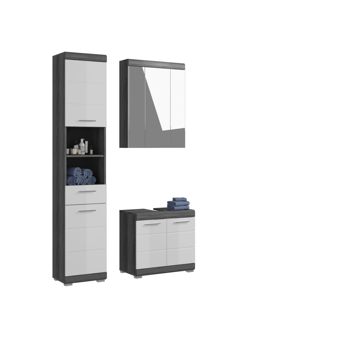 Set bagno SCOTT – Mobile sotto lavabo, mobiletto di stoccaggio con specchio e colonna – Grigio scuro e bianco 