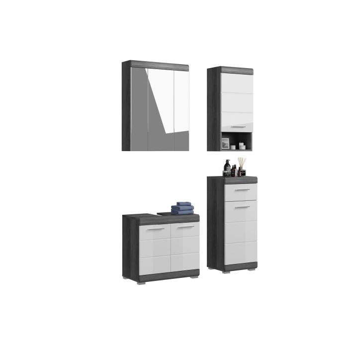 Badezimmer-Set SCOTT – Waschtischunterschrank, Spiegelschrank und 2 halbhohe Schränke – Dunkelgrau und Weiß 