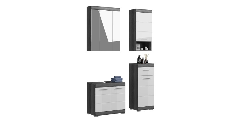 Set bagno SCOTT – Mobile sotto lavabo, mobile contenitore con specchio e 2 mezze colonne – Grigio scuro e bianco 