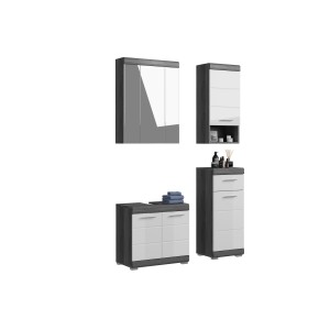 Set bagno SCOTT – Mobile sotto lavabo, mobile contenitore con specchio e 2 mezze colonne – Grigio scuro e bianco 