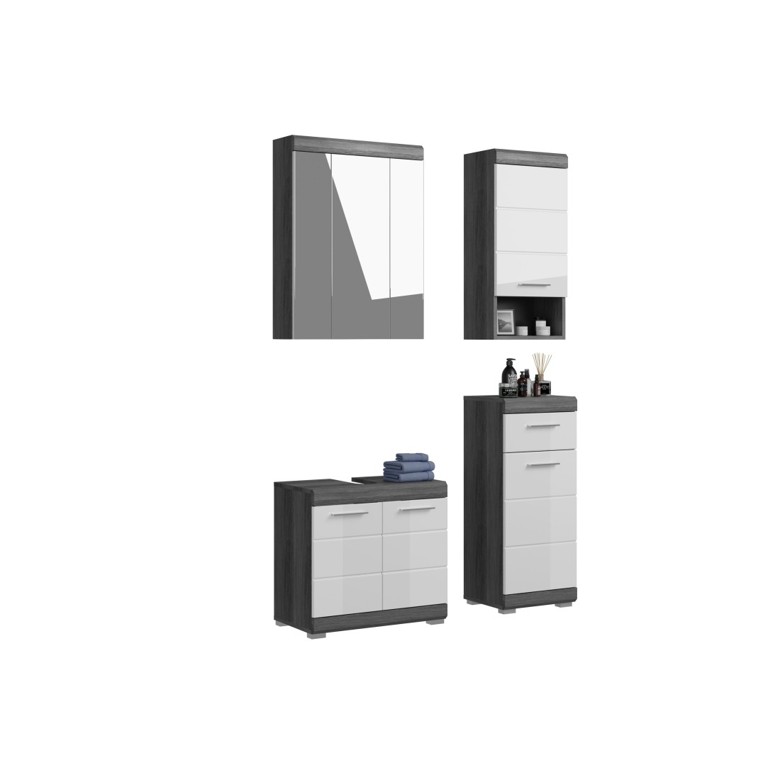 Set bagno SCOTT – Mobile sotto lavabo, mobile contenitore con specchio e 2 mezze colonne – Grigio scuro e bianco 