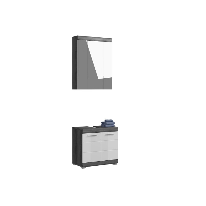 Ensemble salle de bain SCOTT – Meuble sous vasque, colonne, rangement miroir et meuble de rangement – Gris foncé et blanc 