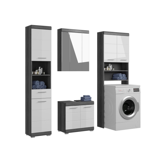 Badezimmer-Set SCOTT – Waschtischunterschrank, Hochschrank, Spiegelschrank und Waschmaschinenschrank – Dunkelgrau und Weiß 