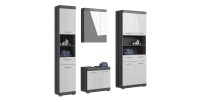 Ensemble salle de bain SCOTT – Meuble sous vasque, colonne, rangement miroir et meuble de rangement – Gris foncé et blanc 