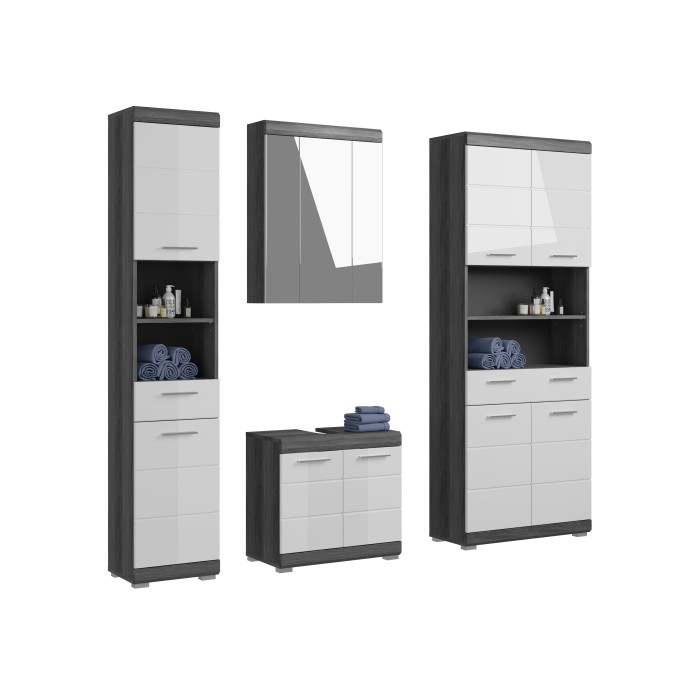 Badezimmer-Set SCOTT – Waschtischunterschrank, Hochschrank, Spiegelschrank und Stauraumschrank – Dunkelgrau und Weiß 