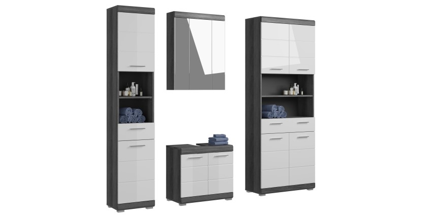 Ensemble salle de bain SCOTT – Meuble sous vasque, colonne, rangement miroir et meuble de rangement – Gris foncé et blanc 