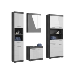 Ensemble salle de bain SCOTT – Meuble sous vasque, colonne, rangement miroir et meuble de rangement – Gris foncé et blanc 