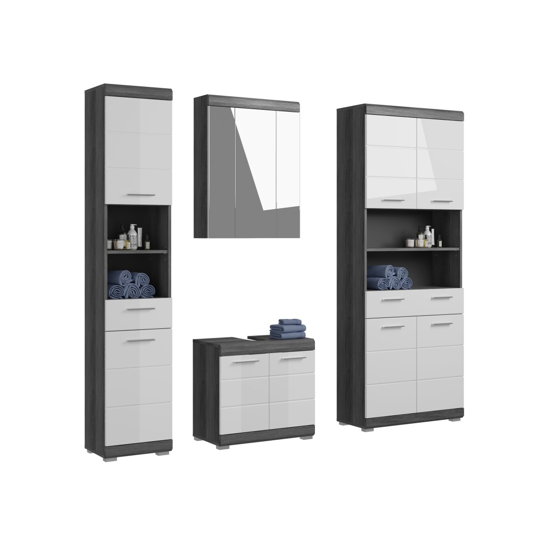 Ensemble salle de bain SCOTT – Meuble sous vasque, colonne, rangement miroir et meuble de rangement – Gris foncé et blanc 