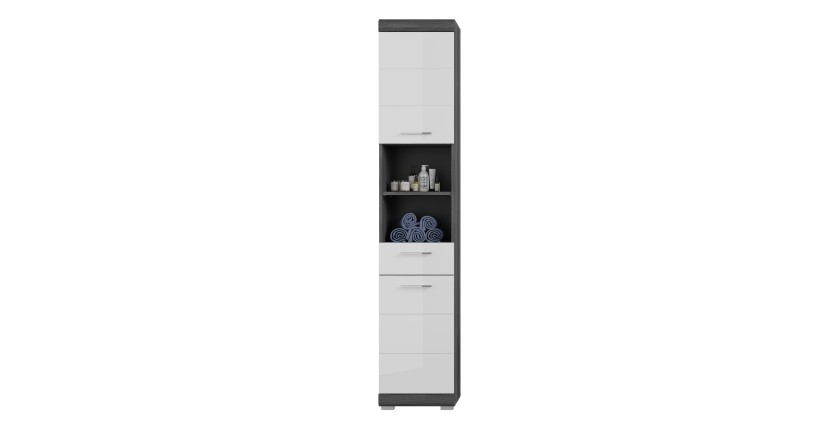 Ensemble salle de bain SCOTT – Meuble sous vasque, colonne, rangement miroir et meuble de rangement – Gris foncé et blanc 