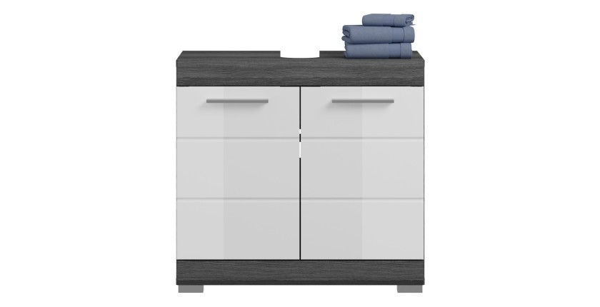 Ensemble salle de bain SCOTT – Meuble sous vasque, colonne, rangement miroir et meuble de rangement – Gris foncé et blanc 