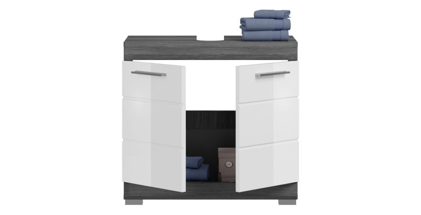 Ensemble salle de bain SCOTT – Meuble sous vasque, colonne, rangement miroir et meuble de rangement – Gris foncé et blanc 