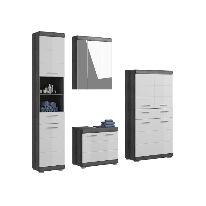 Badezimmer-Set SCOTT – Waschbeckenunterschrank, Hochschrank, Spiegelschrank und Aufbewahrungsschrank – Dunkelgrau und Weiß 