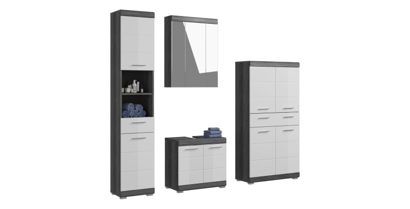 Set bagno SCOTT – Mobile sotto lavabo, colonna, specchio contenitore e mobiletto – Grigio scuro e bianco 
