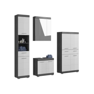 Set bagno SCOTT – Mobile sotto lavabo, colonna, specchio contenitore e mobiletto – Grigio scuro e bianco 
