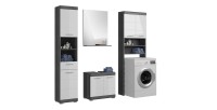 Set bagno SCOTT – Mobile sotto lavabo, colonna, specchio contenitore e mobiletto – Grigio scuro e bianco 