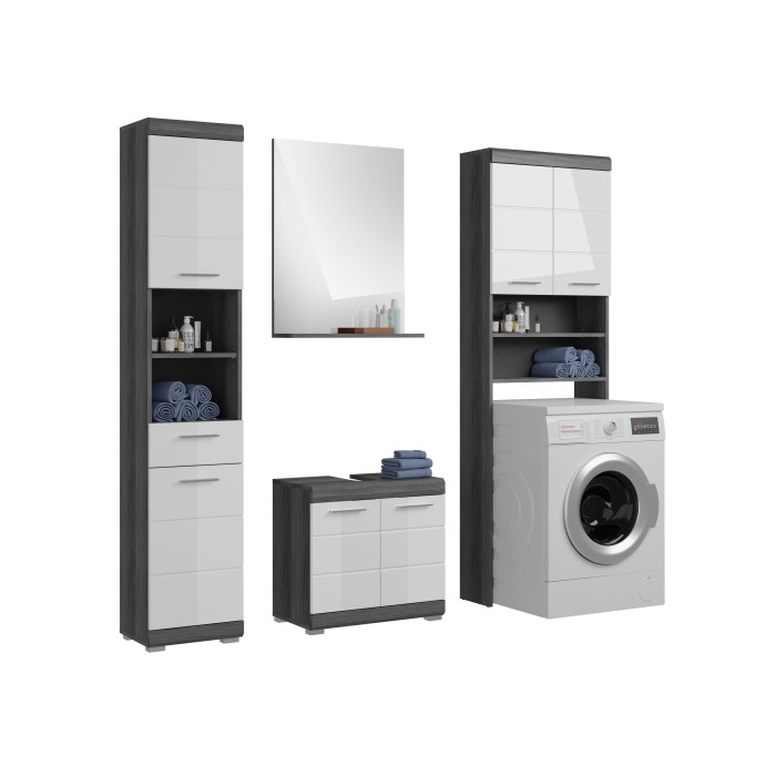 Badezimmer-Set SCOTT – Waschbeckenunterschrank, Hochschrank, Spiegelschrank und Aufbewahrungsschrank – Dunkelgrau und Weiß 