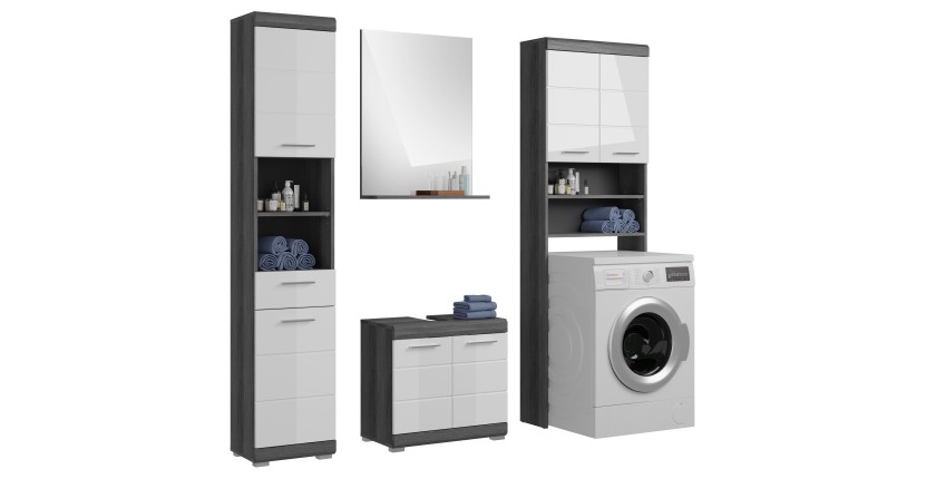 Set bagno SCOTT – Mobile sotto lavabo, colonna, specchio contenitore e mobiletto – Grigio scuro e bianco 