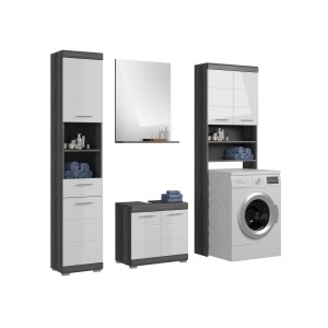 Set bagno SCOTT – Mobile sotto lavabo, colonna, specchio contenitore e mobiletto – Grigio scuro e bianco 