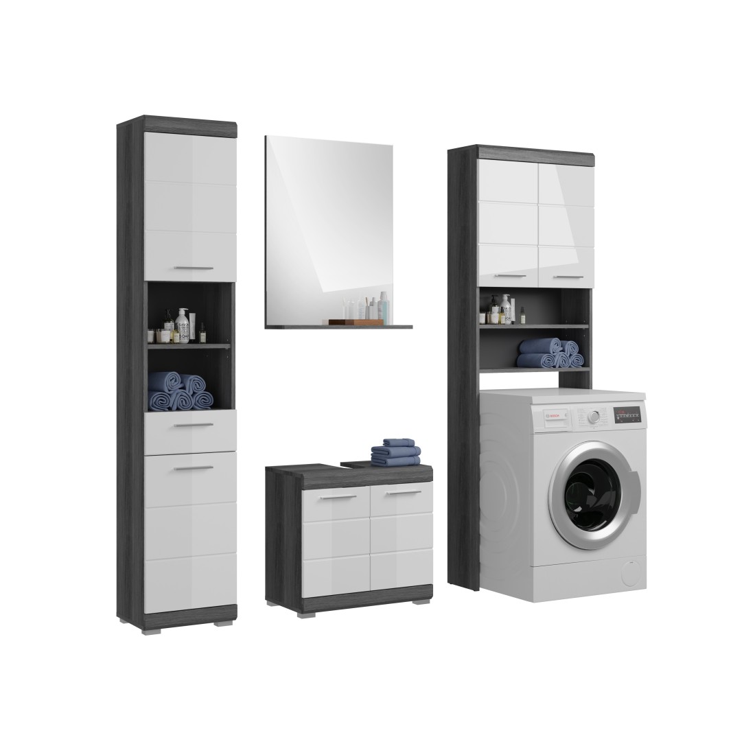 Set bagno SCOTT – Mobile sotto lavabo, colonna, specchio contenitore e mobiletto – Grigio scuro e bianco 