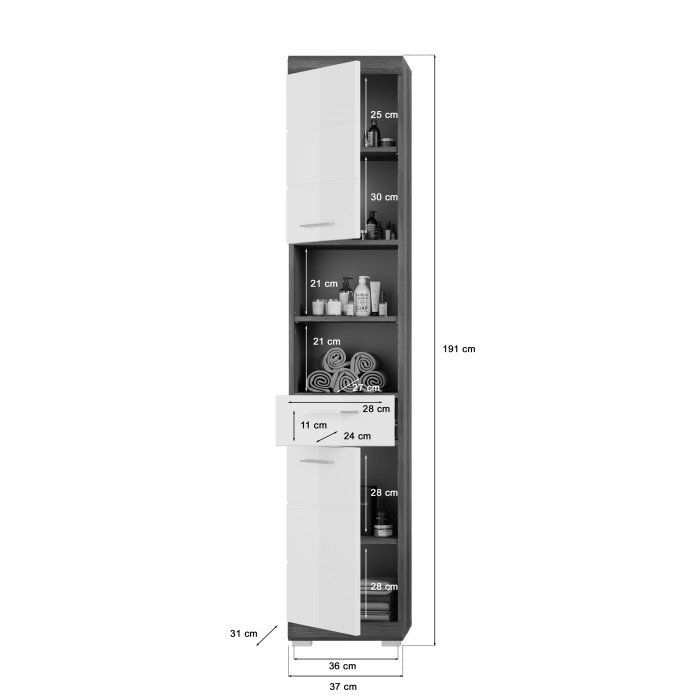 Conjunto para baño SCOTT – Mueble bajo lavabo, columna, almacenamiento con espejo y mueble de almacenamiento – Gris oscuro y bla