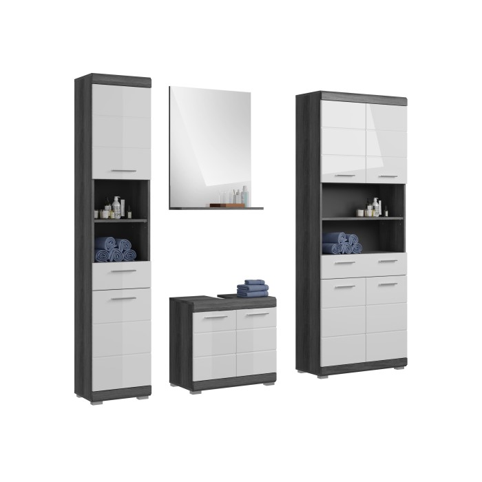 Badezimmer-Set SCOTT – Waschtischunterschrank, Hochschrank, Spiegel und Waschmaschinenschrank – Dunkelgrau und Weiß 