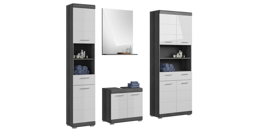 Set bagno SCOTT – Mobile sotto lavabo, colonna, specchio e mobile per lavatrice – Grigio scuro e bianco 